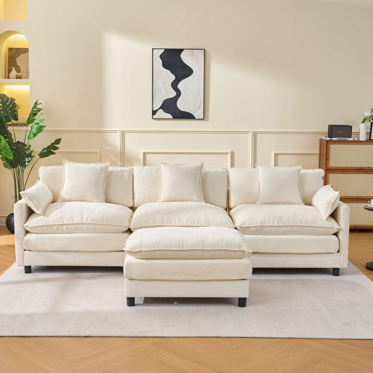 108" 4-Seater L-Shaped Modular Chenille Sofa with Ottoman, Deep Seat Cloud Couch