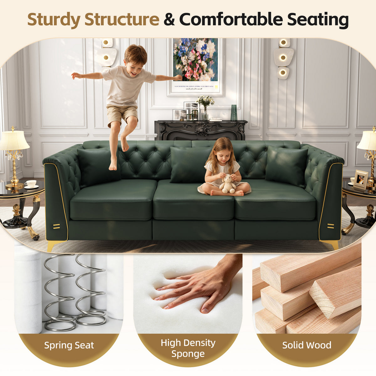 4 Pillows Light Luxury Chesterfield Sofa, Faux Leather, Button Tufting, Metal Trim Armrests & Thin Metal Legs