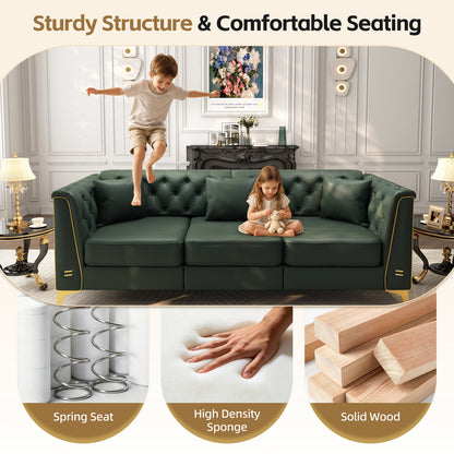 4 Pillows Light Luxury Chesterfield Sofa, Faux Leather, Button Tufting, Metal Trim Armrests & Thin Metal Legs
