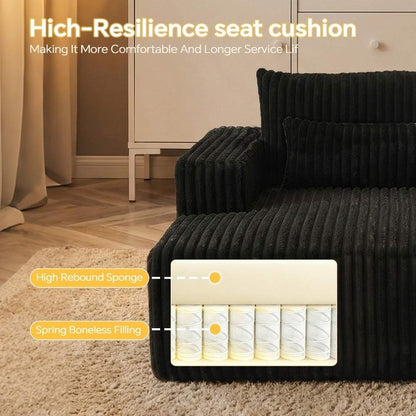 Black Corduroy Chaise Lounge Sofa, Oversized Single Leisure Chair with Square Arms, Support Pillows, No Assembly Needed for Living Room