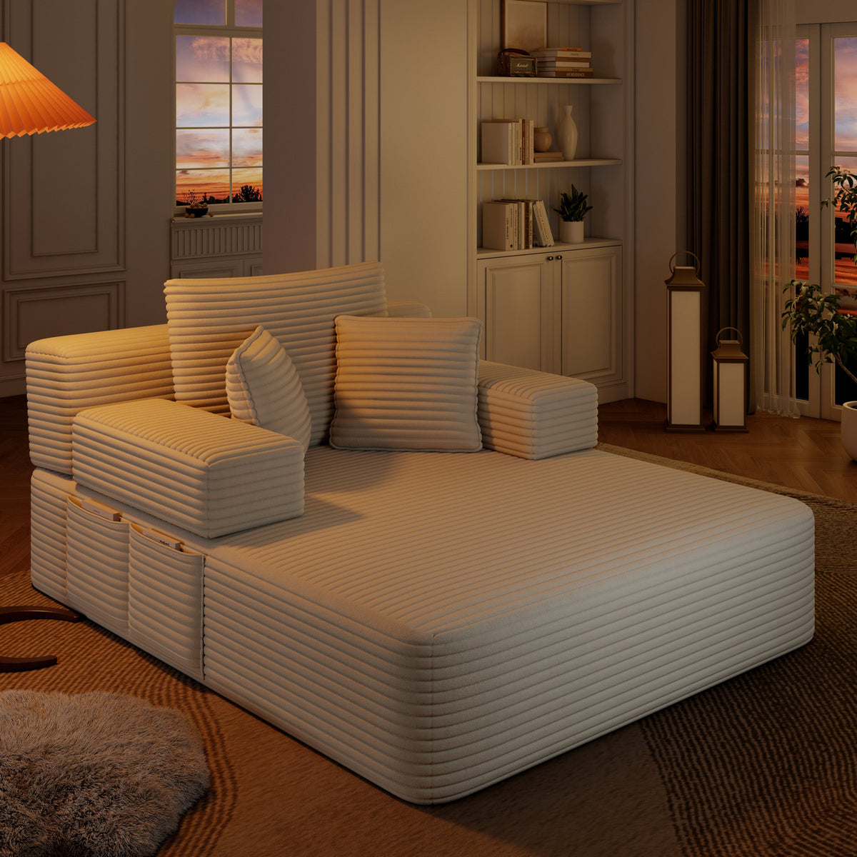Oversized Plush Corduroy Chaise Lounge Sofa, Convertible Sleeper Couch Bed with Storage Pockets & 3 Pillows