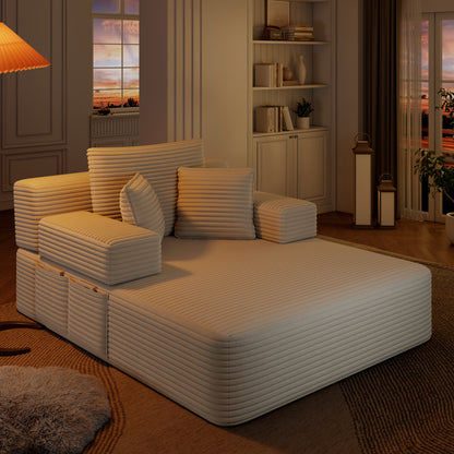 Oversized Plush Corduroy Chaise Lounge Sofa, Convertible Sleeper Couch Bed with Storage Pockets & 3 Pillows