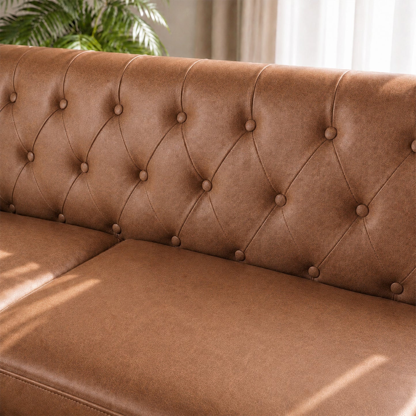 Brown Leather Sofa, Classic 3-Seater Living Room Couch with Button Tufted Design, Pocket Spring Cushion and Sturdy Wood Frame