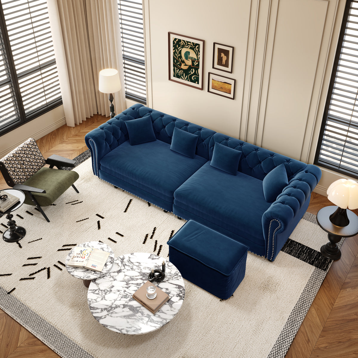 89" 3-Seater Velvet Chesterfield Sofa Bed with Movable Ottoman