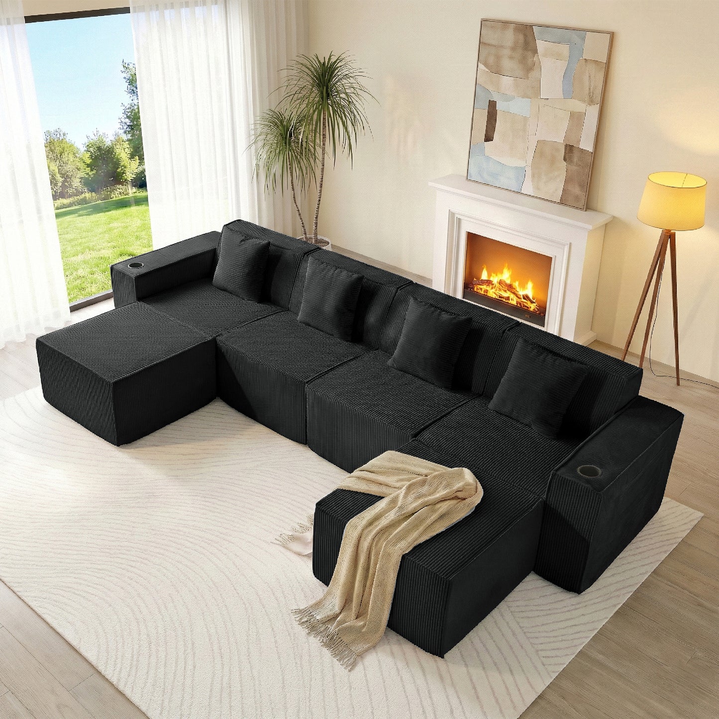 6-Seat U-Shaped Modular Couch with Ergonomic Foam & Dual Cup Holders, Easy Self-Shape Design for Home Living Room, Black
