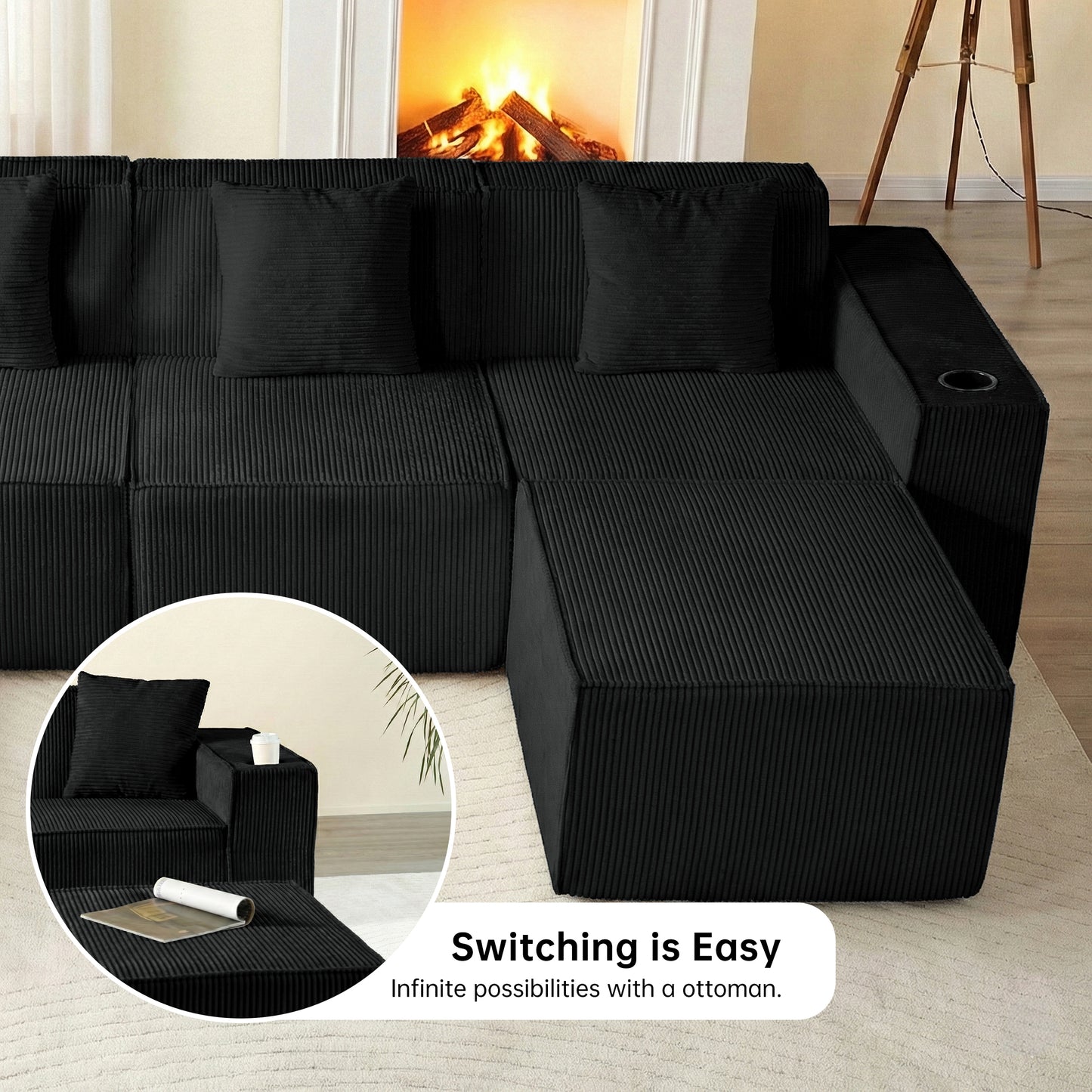 6-Seat U-Shaped Modular Couch with Ergonomic Foam & Dual Cup Holders, Easy Self-Shape Design for Home Living Room, Black