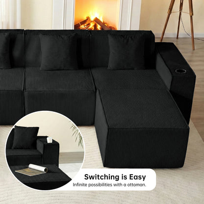 6-Seat U-Shaped Modular Couch with Ergonomic Foam & Dual Cup Holders, Easy Self-Shape Design for Home Living Room, Black