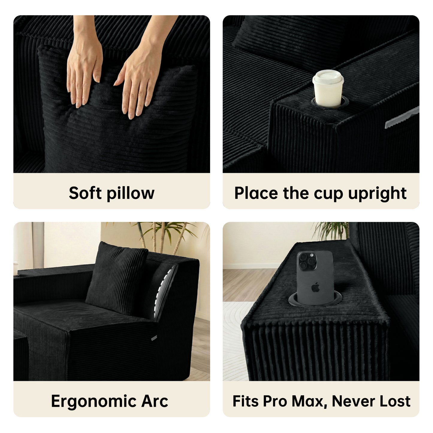 6-Seat U-Shaped Modular Couch with Ergonomic Foam & Dual Cup Holders, Easy Self-Shape Design for Home Living Room, Black