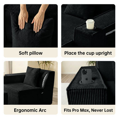 6-Seat U-Shaped Modular Couch with Ergonomic Foam & Dual Cup Holders, Easy Self-Shape Design for Home Living Room, Black
