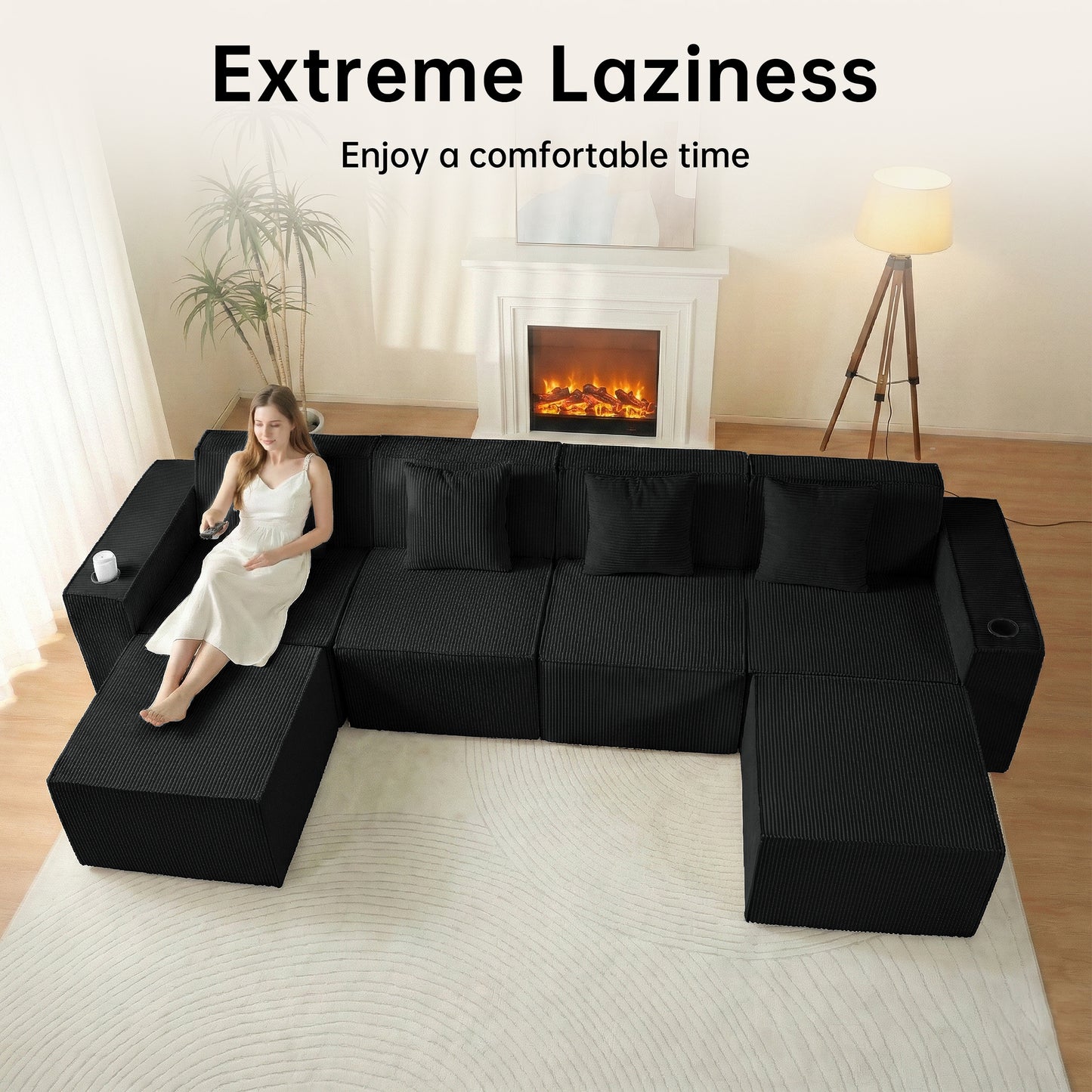 6-Seat U-Shaped Modular Couch with Ergonomic Foam & Dual Cup Holders, Easy Self-Shape Design for Home Living Room, Black