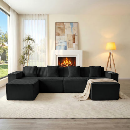 6-Seat U-Shaped Modular Couch with Ergonomic Foam & Dual Cup Holders, Easy Self-Shape Design for Home Living Room, Black