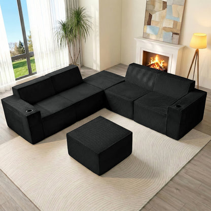 6-Seat U-Shaped Modular Couch with Ergonomic Foam & Dual Cup Holders, Easy Self-Shape Design for Home Living Room, Black