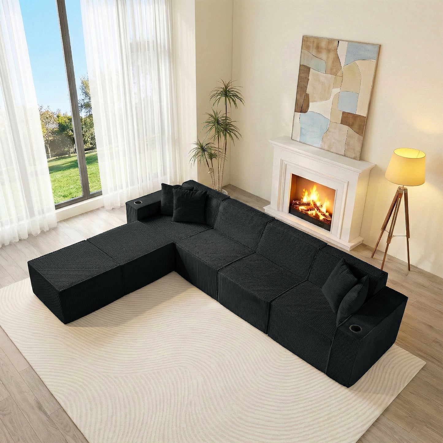 6-Seat U-Shaped Modular Couch with Ergonomic Foam & Dual Cup Holders, Easy Self-Shape Design for Home Living Room, Black