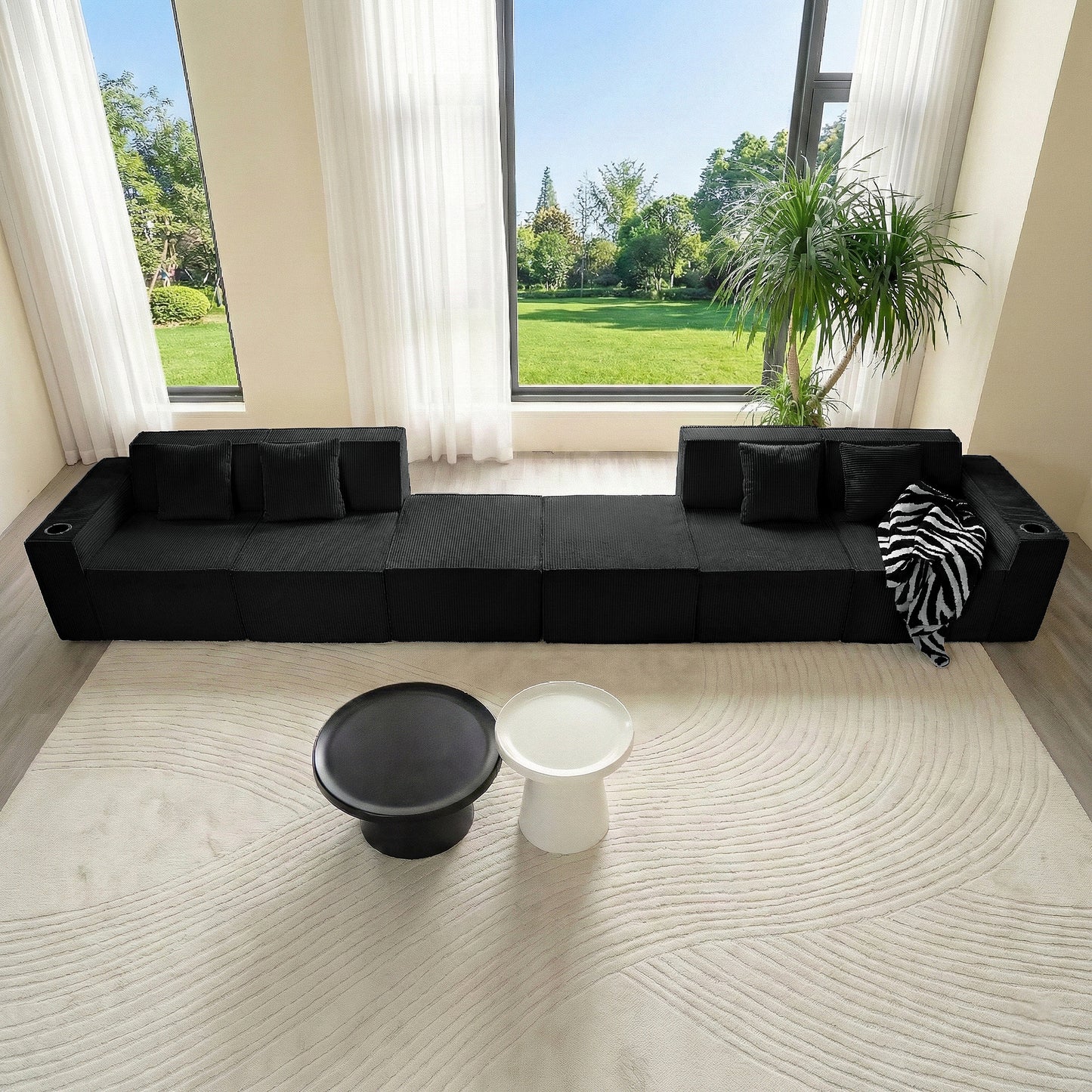 6-Seat U-Shaped Modular Couch with Ergonomic Foam & Dual Cup Holders, Easy Self-Shape Design for Home Living Room, Black