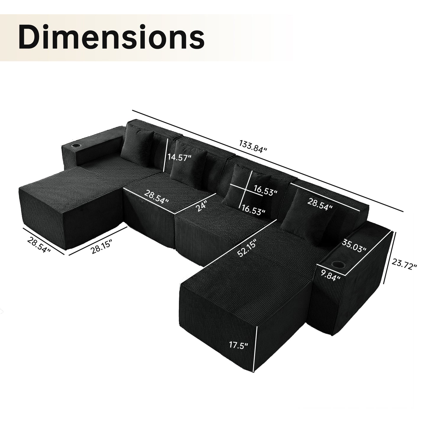 6-Seat U-Shaped Modular Couch with Ergonomic Foam & Dual Cup Holders, Easy Self-Shape Design for Home Living Room, Black