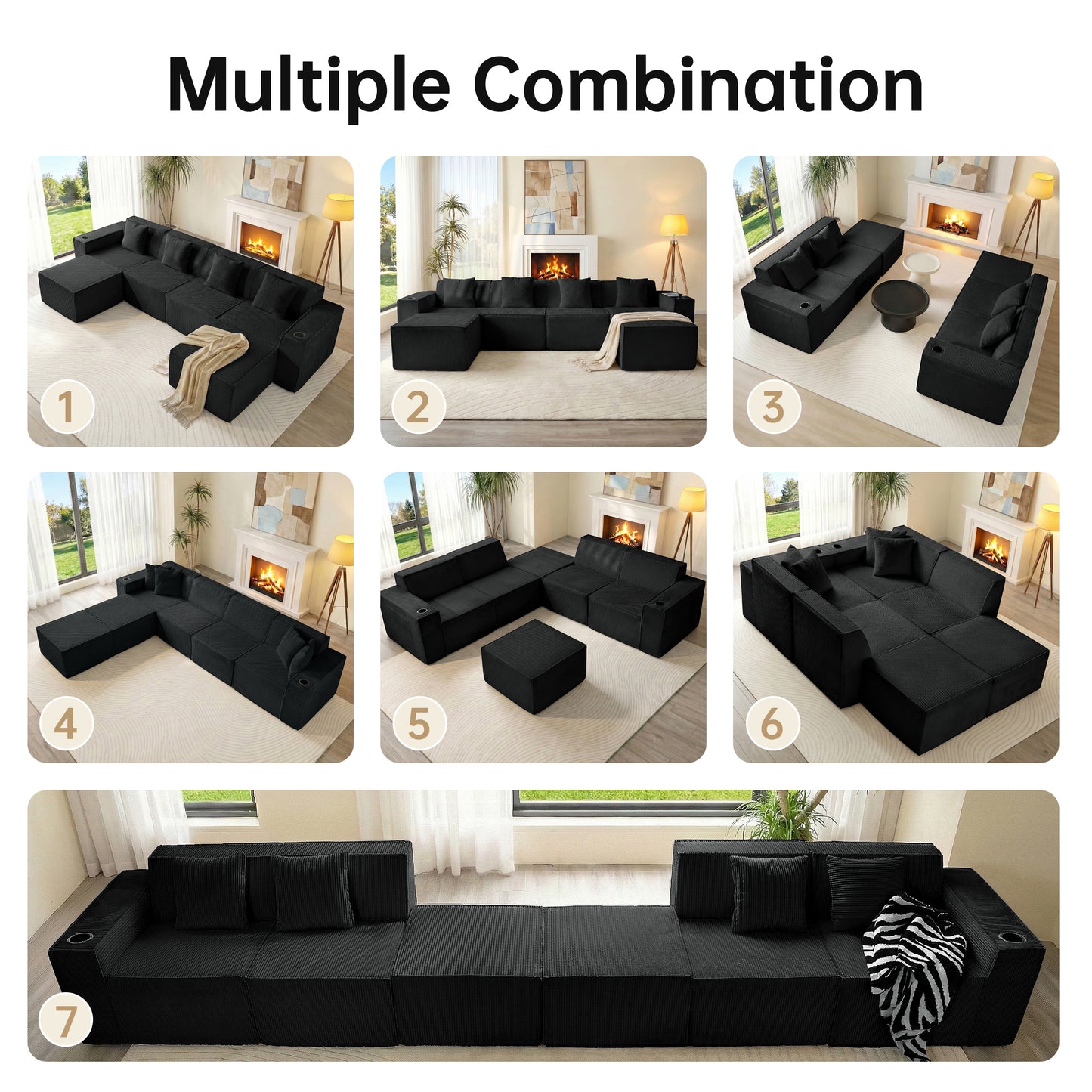 6-Seat U-Shaped Modular Couch with Ergonomic Foam & Dual Cup Holders, Easy Self-Shape Design for Home Living Room, Black