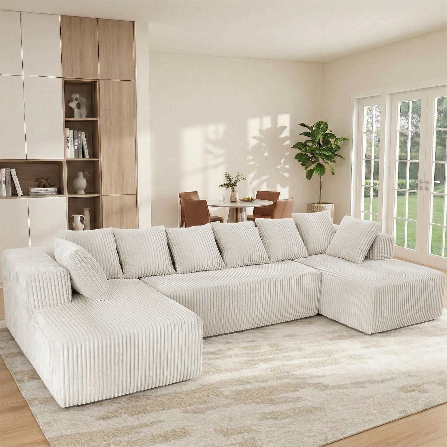 6-Seat White Corduroy U-Shape Sectional Sofa – Soft & Comfy Modular Couch for Living Room