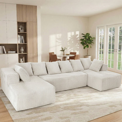 6-Seat White Corduroy U-Shape Sectional Sofa – Soft & Comfy Modular Couch for Living Room