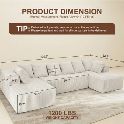 6-Seat White Corduroy U-Shape Sectional Sofa – Soft & Comfy Modular Couch for Living Room