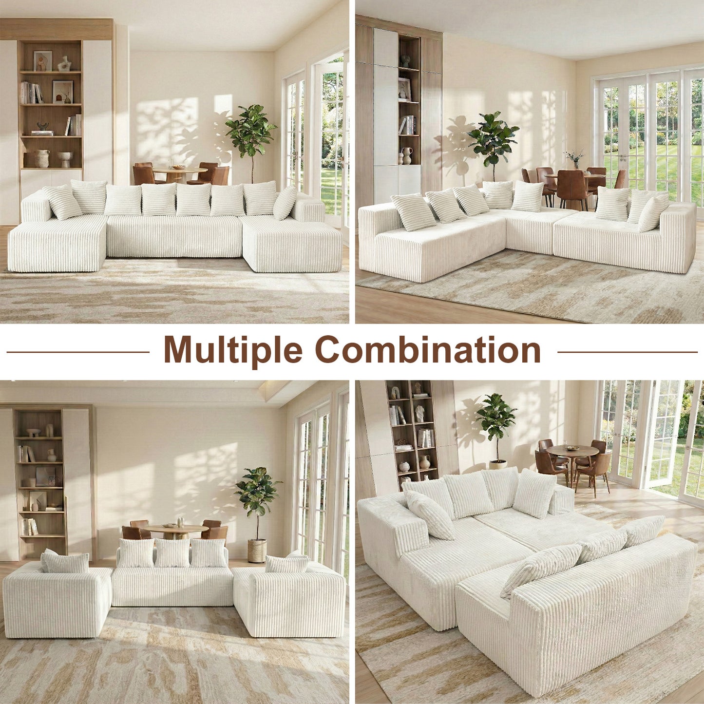 6-Seat White Corduroy U-Shape Sectional Sofa – Soft & Comfy Modular Couch for Living Room
