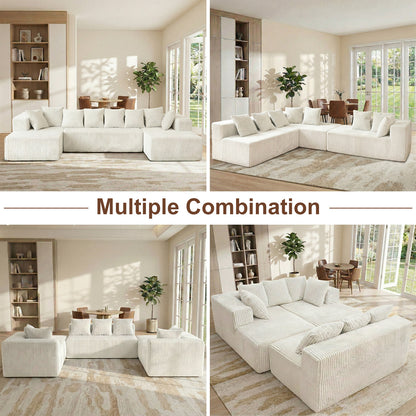 6-Seat White Corduroy U-Shape Sectional Sofa – Soft & Comfy Modular Couch for Living Room
