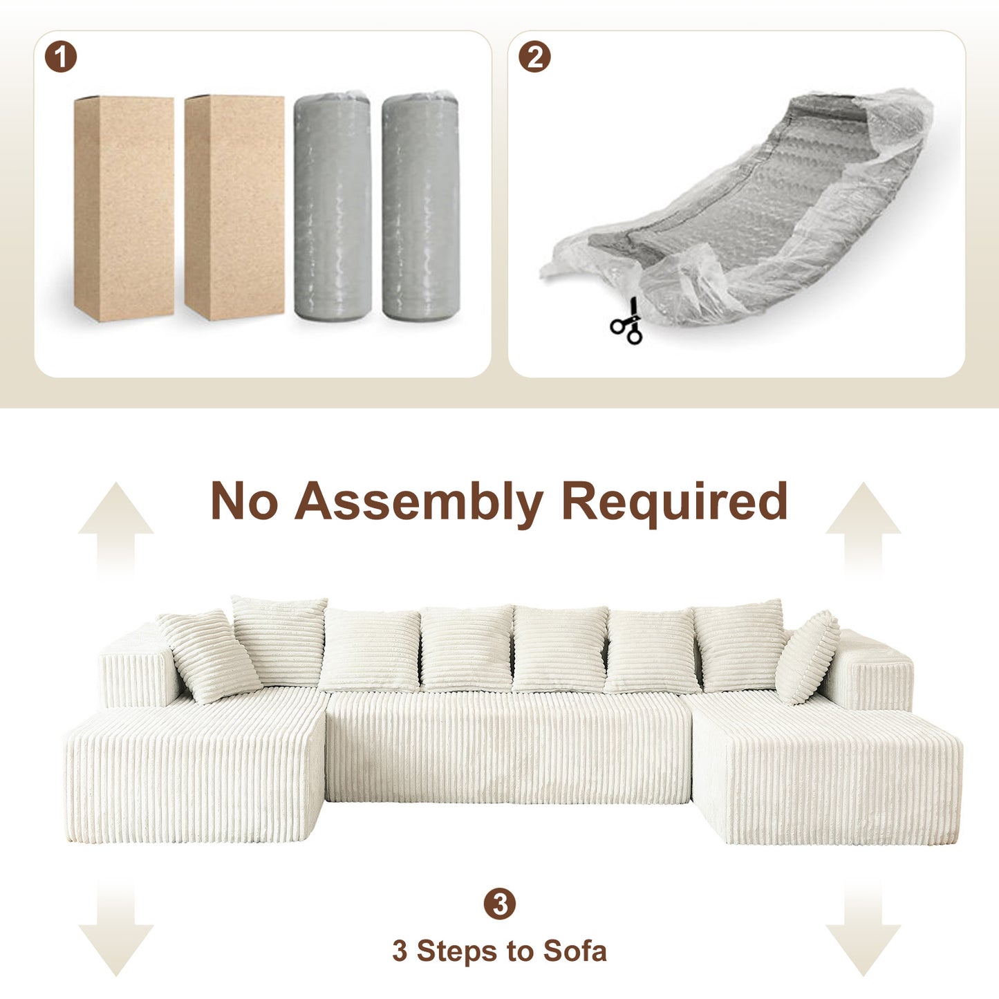 6-Seat White Corduroy U-Shape Sectional Sofa – Soft & Comfy Modular Couch for Living Room