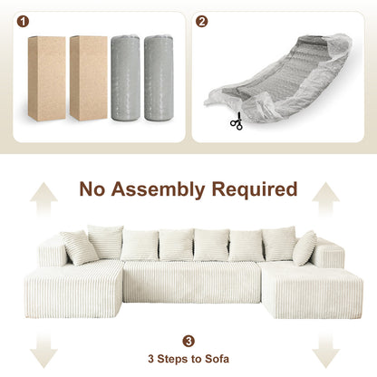 6-Seat White Corduroy U-Shape Sectional Sofa – Soft & Comfy Modular Couch for Living Room