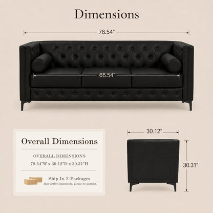 Black Faux Leather Sofa, Elegant 3-Seater Tufted Couch with Gold Metal Legs, Bolster Pillows and Pocket Spring Support for Living Room