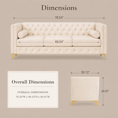 White Faux Leather Couch, Modern Tufted 3-Seat Sofa with Decorative Pillows, Metal Legs and High-Rebound Sponge Comfort for Home