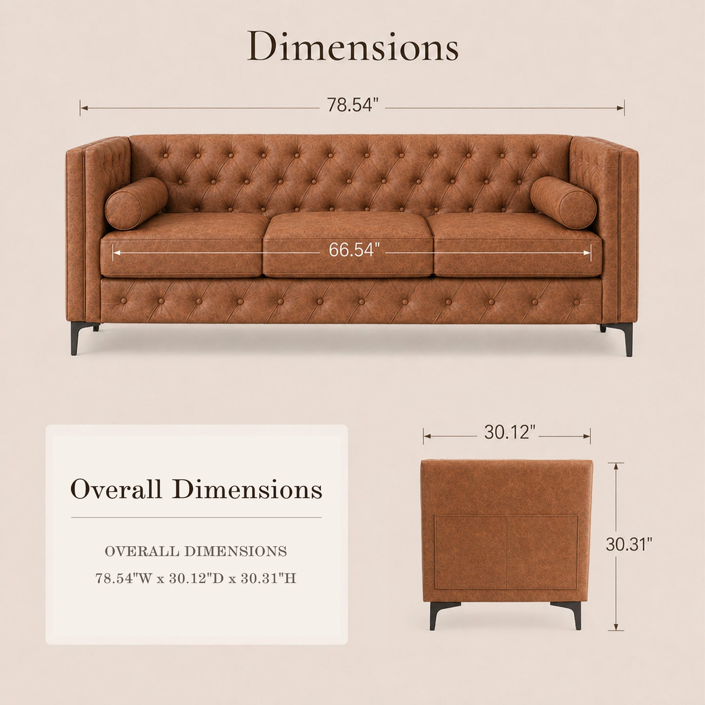 Brown Leather Sofa, Classic 3-Seater Living Room Couch with Button Tufted Design, Pocket Spring Cushion and Sturdy Wood Frame