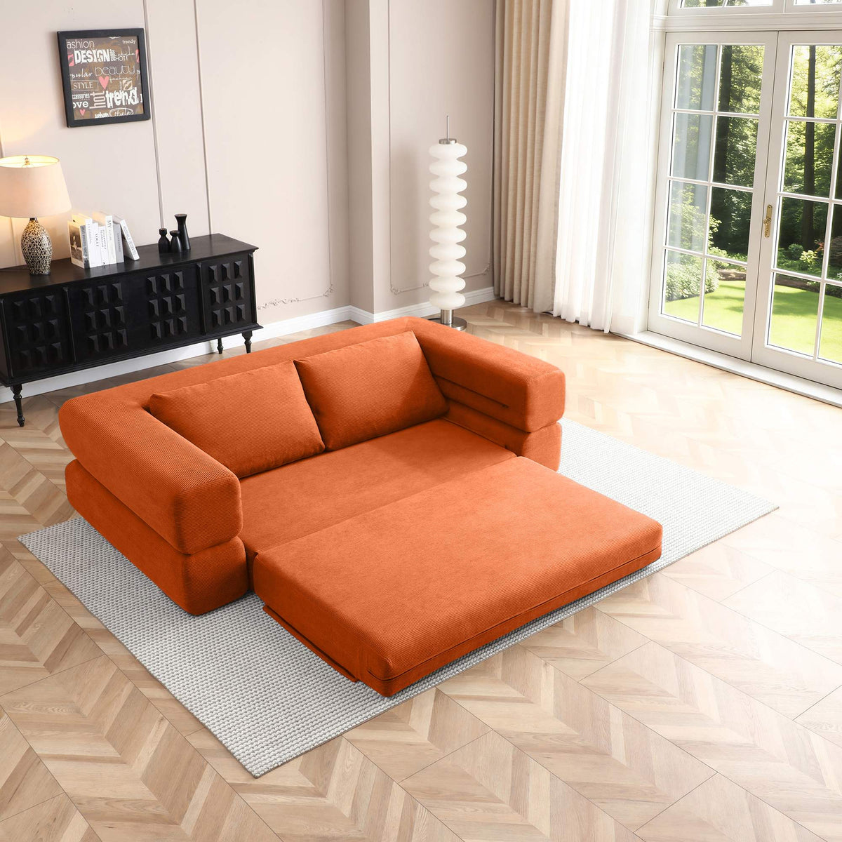 3-in-1 Convertible Corduroy Sofa Bed, Folding Floor Couch with Pillows