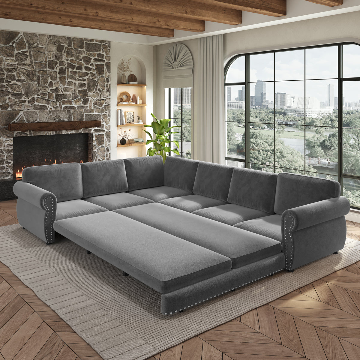 L-Shaped Chenille Sectional Sofa with Pull-Out Bed & Rolled Arm