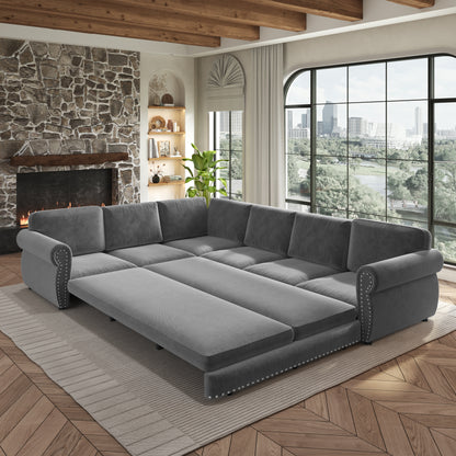 L-Shaped Chenille Sectional Sofa with Pull-Out Bed & Rolled Arm
