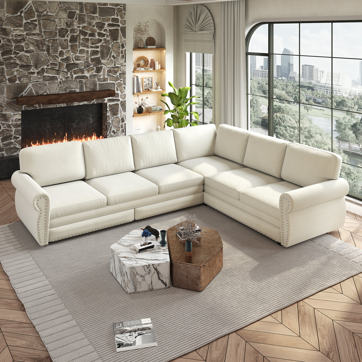 L-Shaped Chenille Sectional Sofa with Pull-Out Bed & Rolled Arm