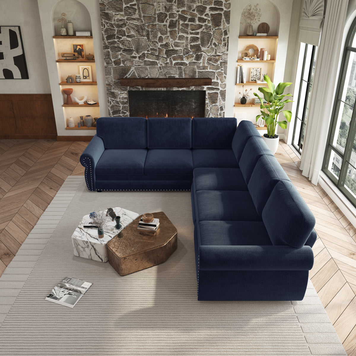 118" Oversized Convertible Sleeper Sofa with Nailhead Trim, L-Shaped Couch