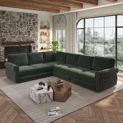 118" Oversized Convertible Sleeper Sofa with Nailhead Trim, L-Shaped Couch