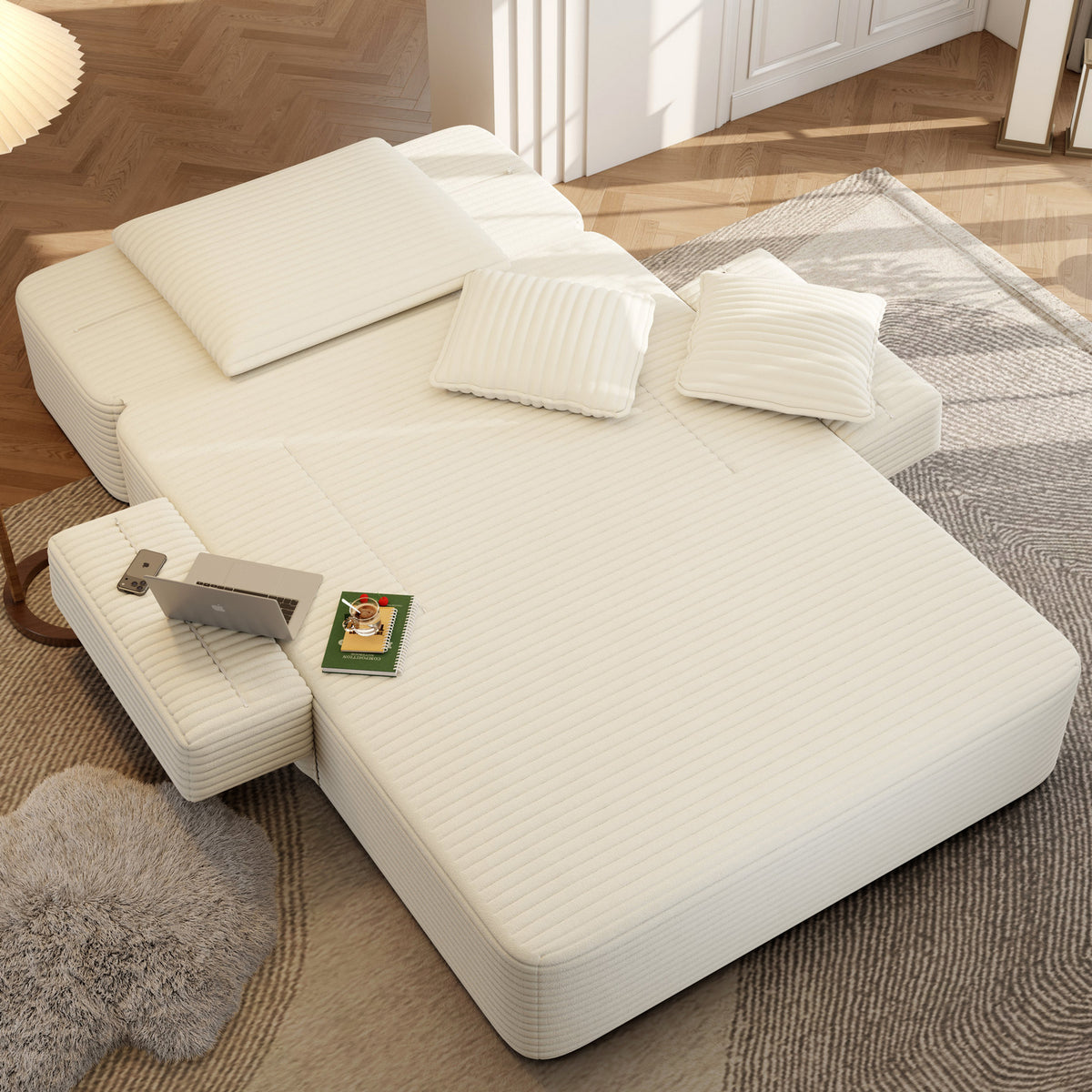 Oversized Plush Corduroy Chaise Lounge Sofa, Convertible Sleeper Couch Bed with Storage Pockets & 3 Pillows