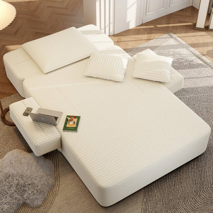 Oversized Plush Corduroy Chaise Lounge Sofa, Convertible Sleeper Couch Bed with Storage Pockets & 3 Pillows