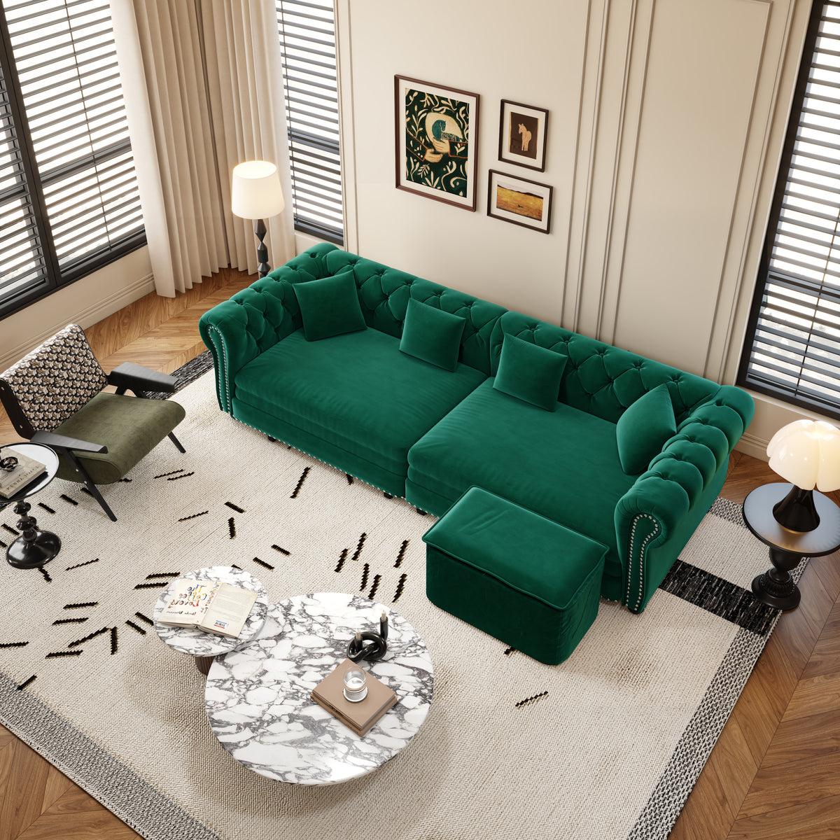 89" 3-Seater Velvet Chesterfield Sofa Bed with Movable Ottoman