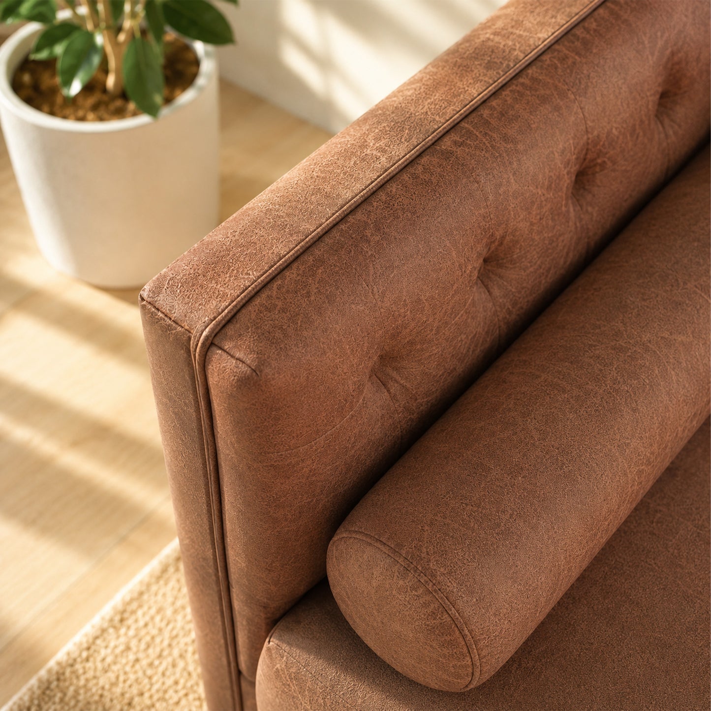 Brown Leather Sofa, Classic 3-Seater Living Room Couch with Button Tufted Design, Pocket Spring Cushion and Sturdy Wood Frame