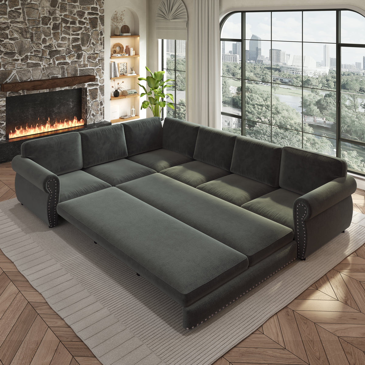 L-Shaped Chenille Sectional Sofa with Pull-Out Bed & Rolled Arm
