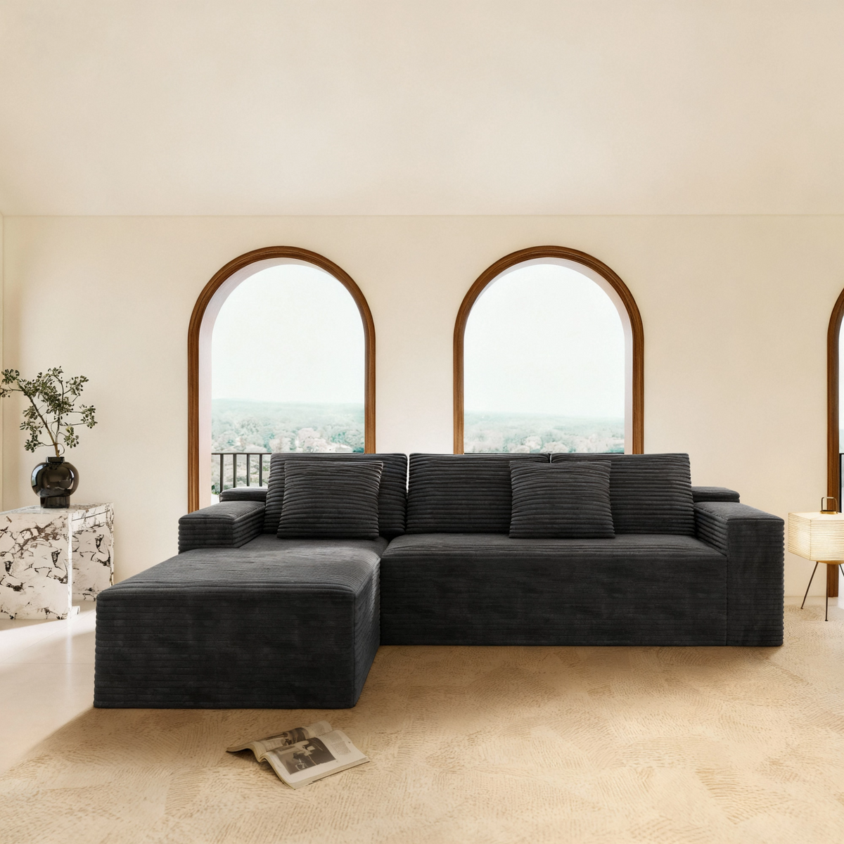 2PC Modular Sectional Sofa, Plush Corduroy Upholstered Couch, No Assembly