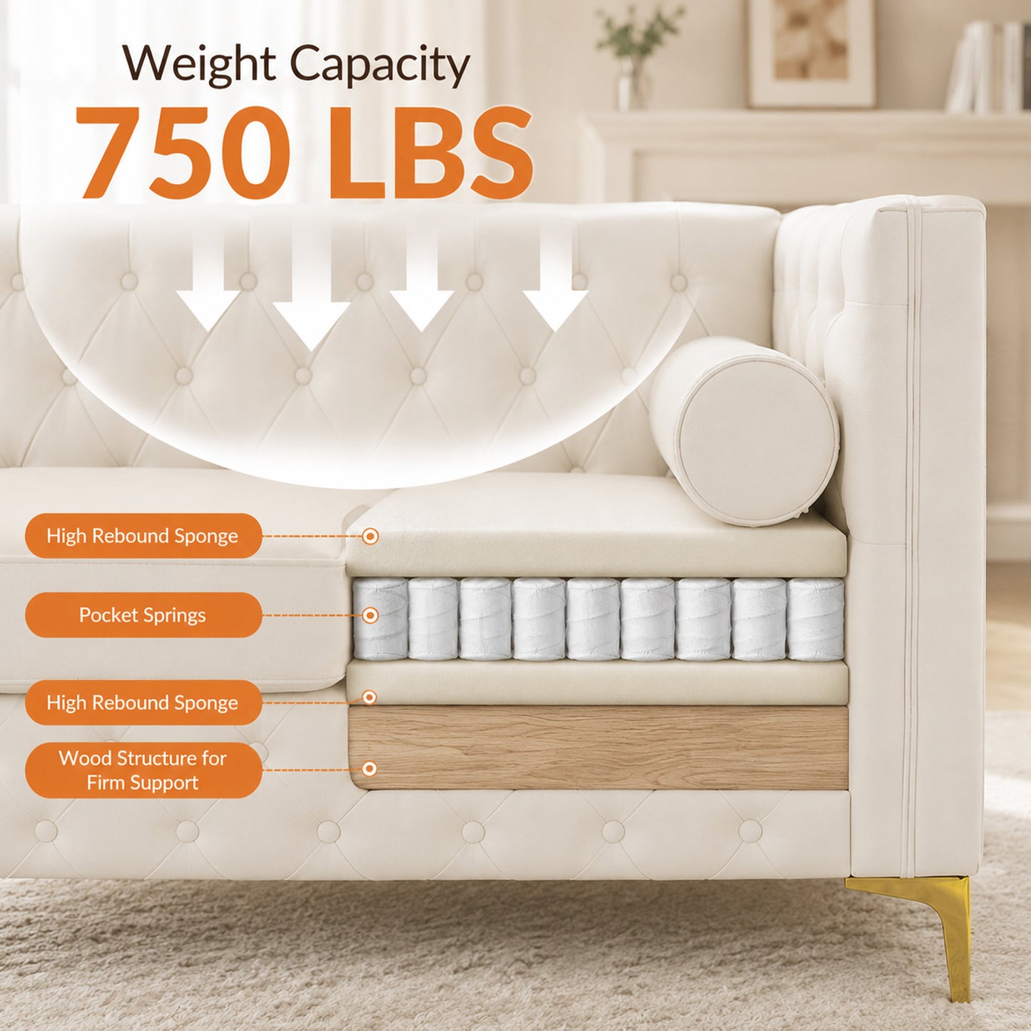 White Faux Leather Couch, Modern Tufted 3-Seat Sofa with Decorative Pillows, Metal Legs and High-Rebound Sponge Comfort for Home