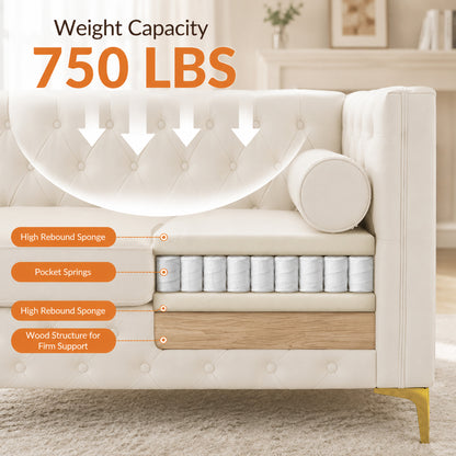 White Faux Leather Couch, Modern Tufted 3-Seat Sofa with Decorative Pillows, Metal Legs and High-Rebound Sponge Comfort for Home