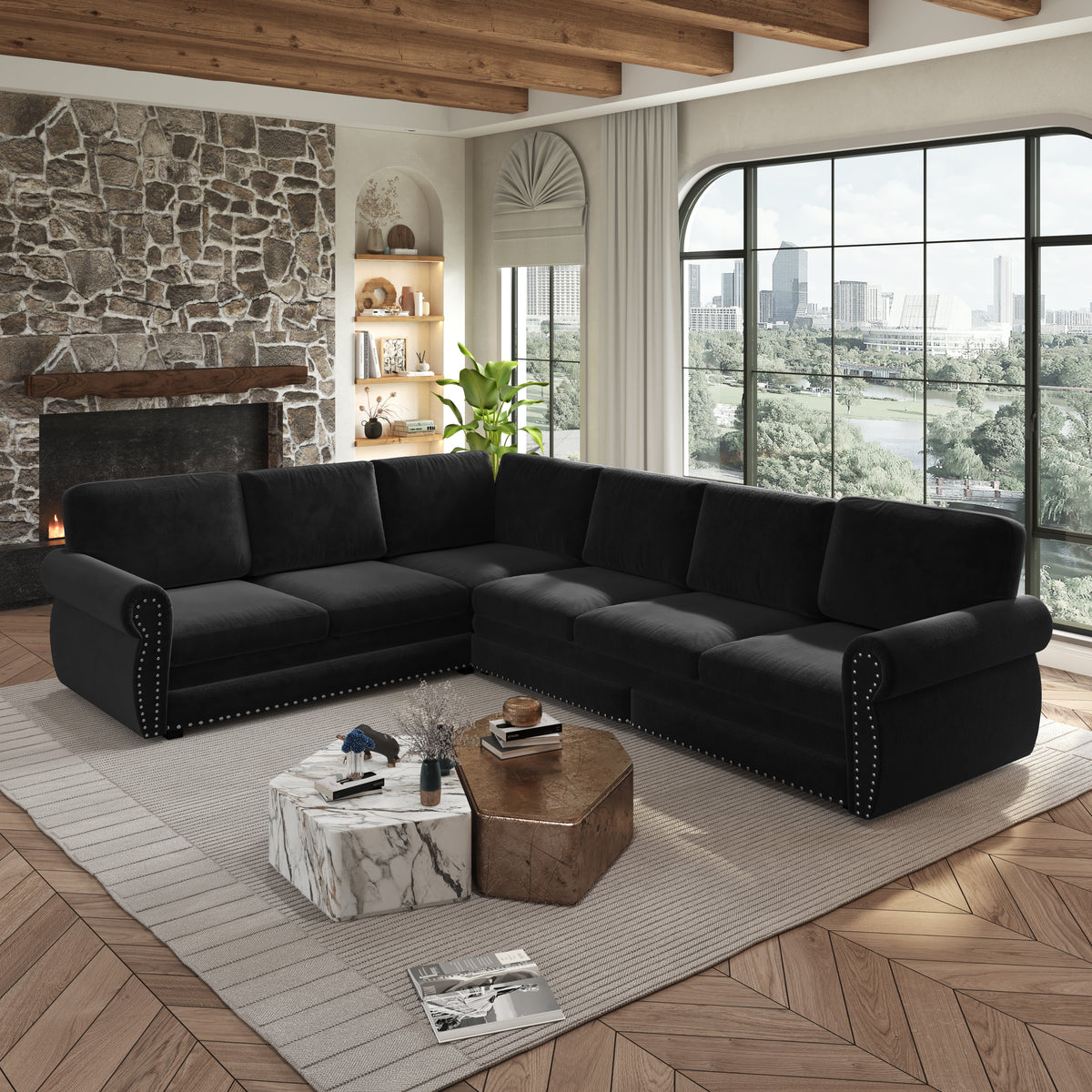 118" Oversized Convertible Sleeper Sofa with Nailhead Trim, L-Shaped Couch