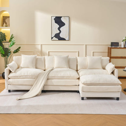 108" 4-Seater L-Shaped Modular Chenille Sofa with Ottoman, Deep Seat Cloud Couch