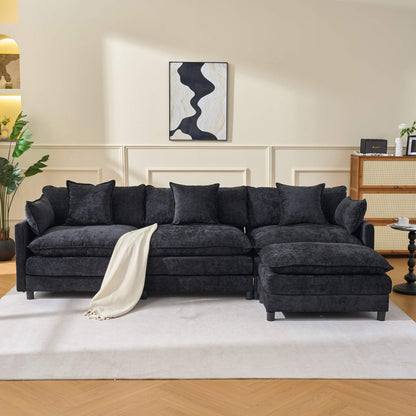 108" 4-Seater L-Shaped Modular Chenille Sofa with Ottoman, Deep Seat Cloud Couch