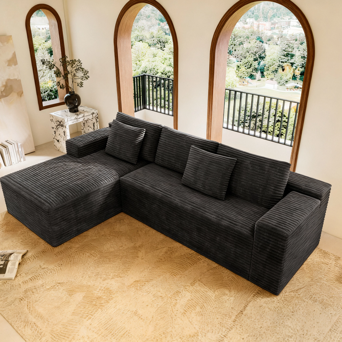 2PC Modular Sectional Sofa, Plush Corduroy Upholstered Couch, No Assembly