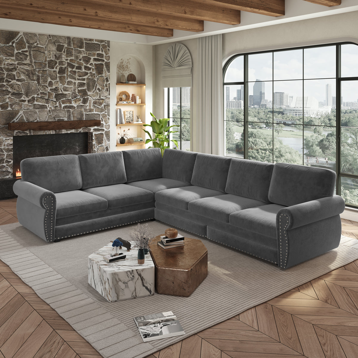 L-Shaped Chenille Sectional Sofa with Pull-Out Bed & Rolled Arm