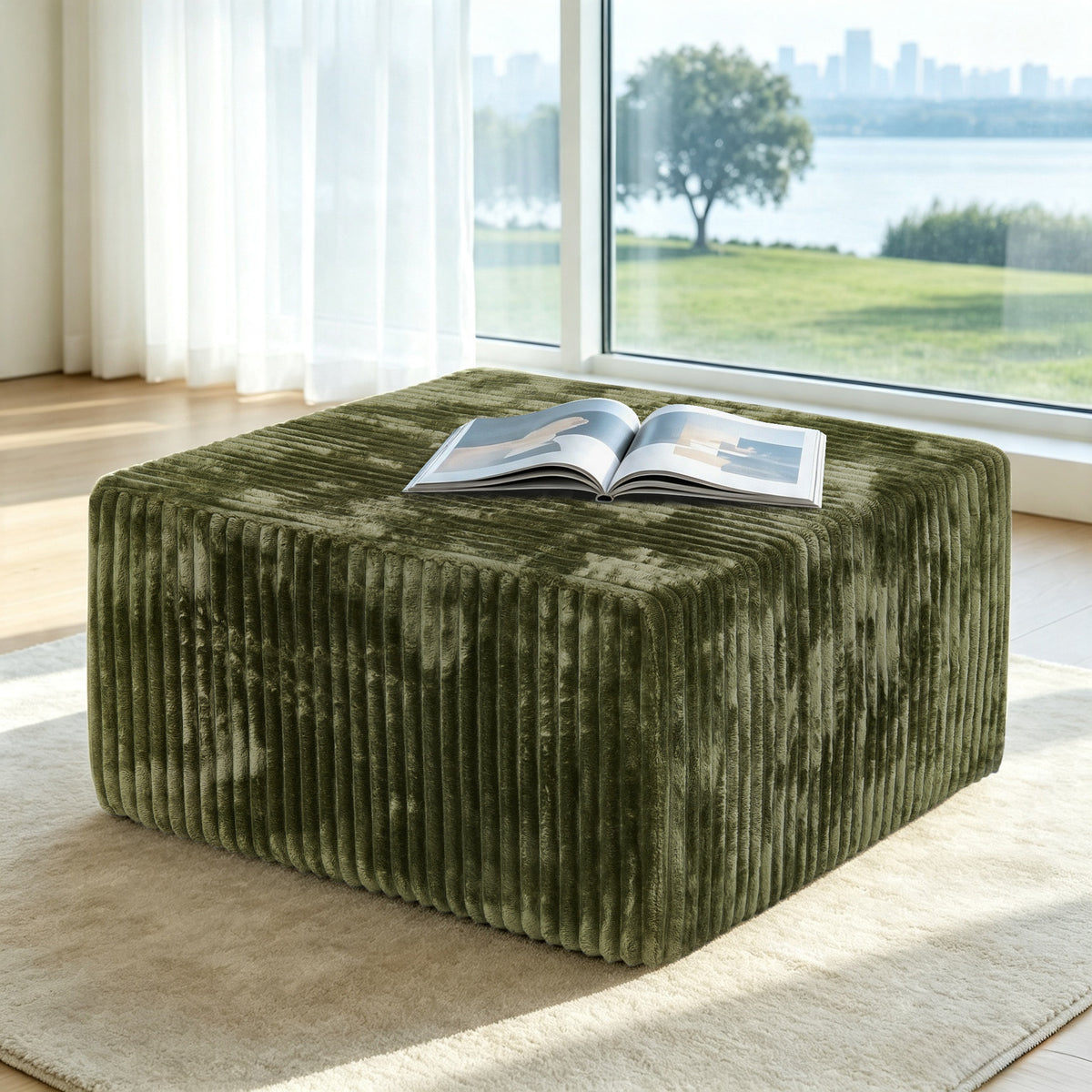 Square Striped Corduroy Modular Ottoman Cube, Upholstered Footstool